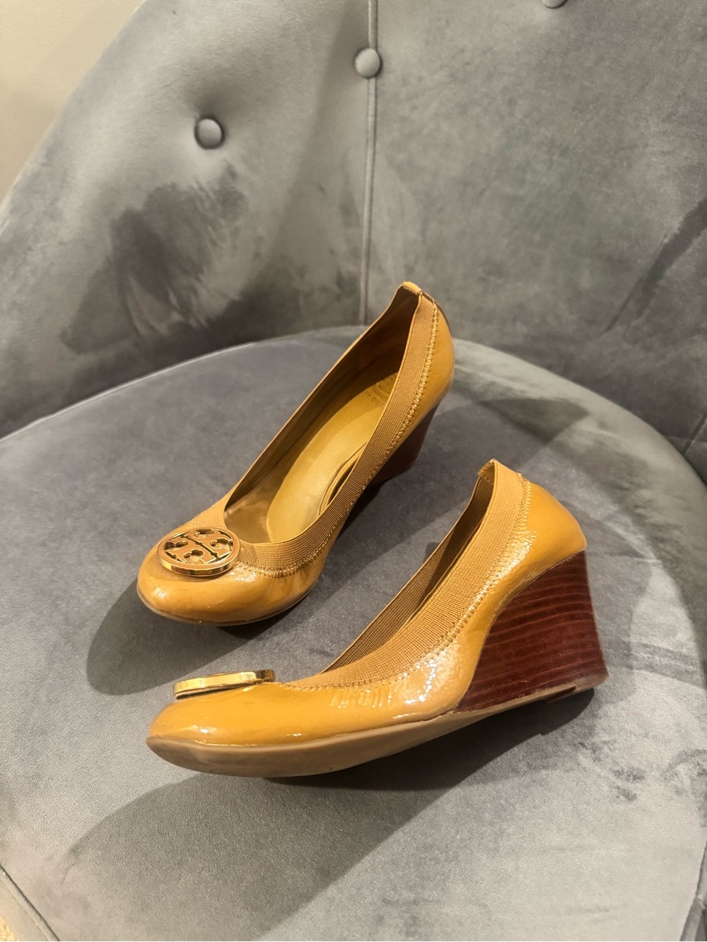 Tory Burch Yellow Patent Leather Logo Wedge Pumps